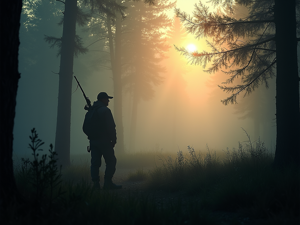 A deep-forest hunting scene at dawn, mist rising, with a lone hunter silhouetted against t