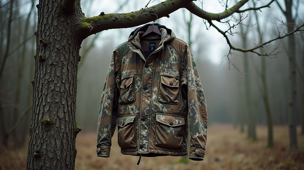 Eye-level view of camouflaged hunting jacket hanging on tree branch