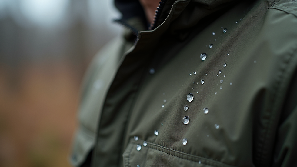 Close-up of breathable hunting jacket fabric with water droplets