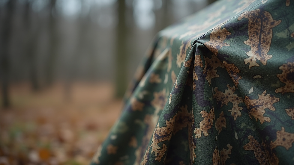 Close-up view of a waterproof camo tarp covering outdoor hunting gear