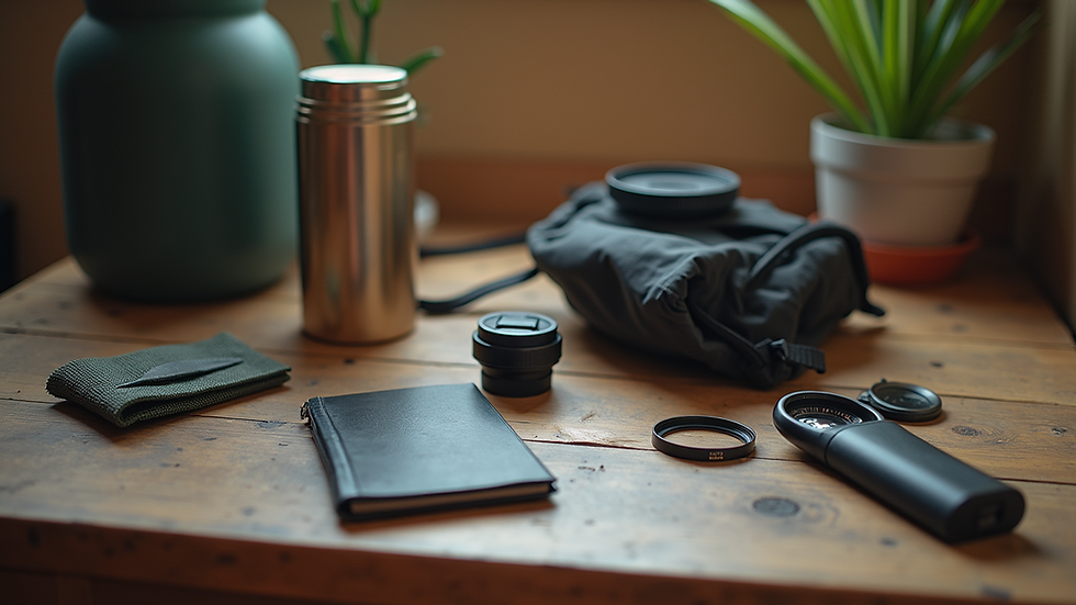 Eye-level view of a compact survival kit laid out on a wooden table