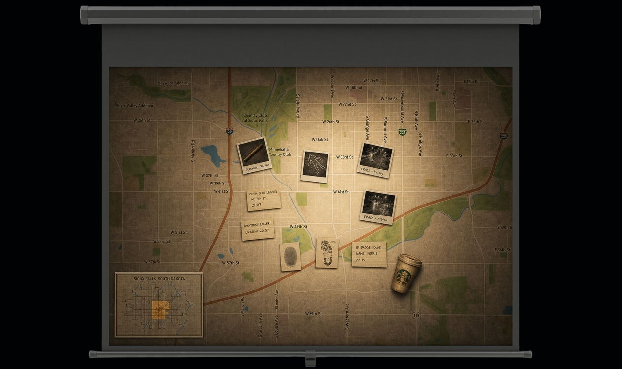 Driving map of Sioux Falls with numbered locations across neighborhoods, parks and commercial areas.