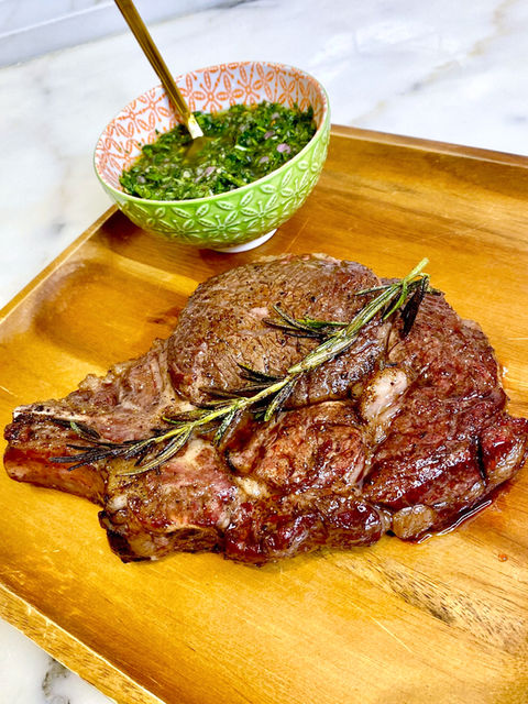 Reverse sear steaks with chimichurri sauce