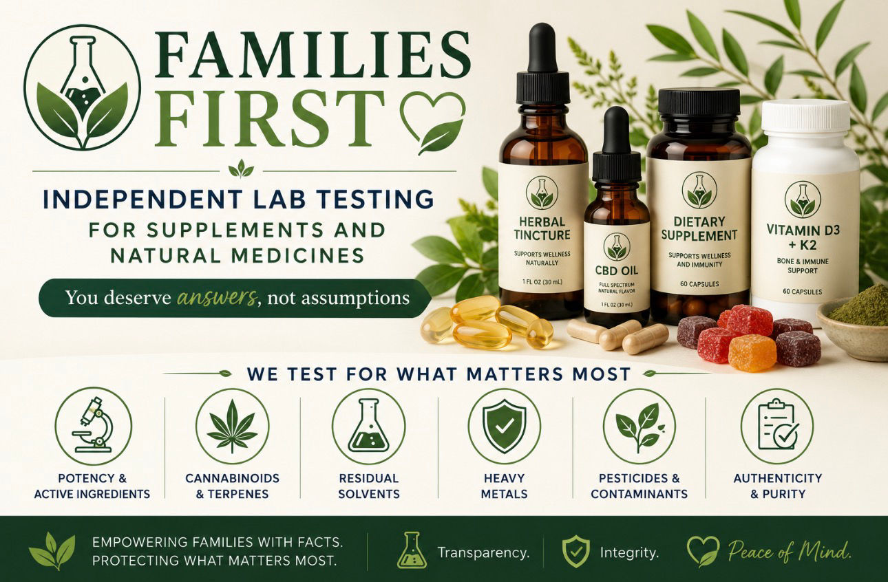 Families First: Independent Lab Testing for supplements and natural medicine.