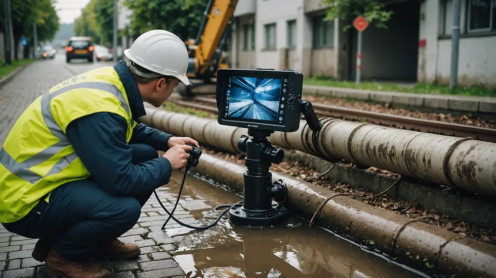 Eye-level view of a team member examining a drainage system with CCTV technology