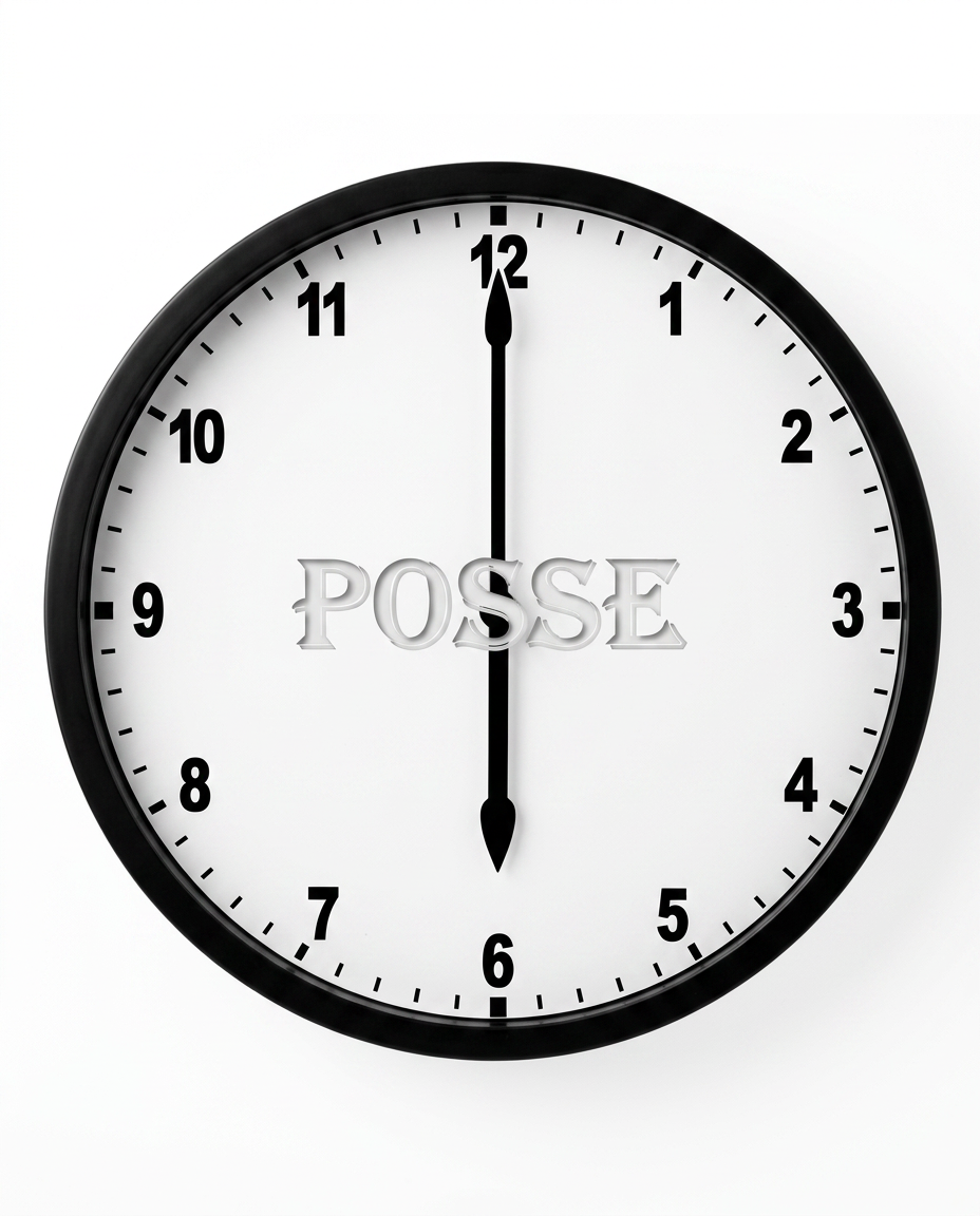 Black and white clock with the word POSSE across the center, square-ish layout.