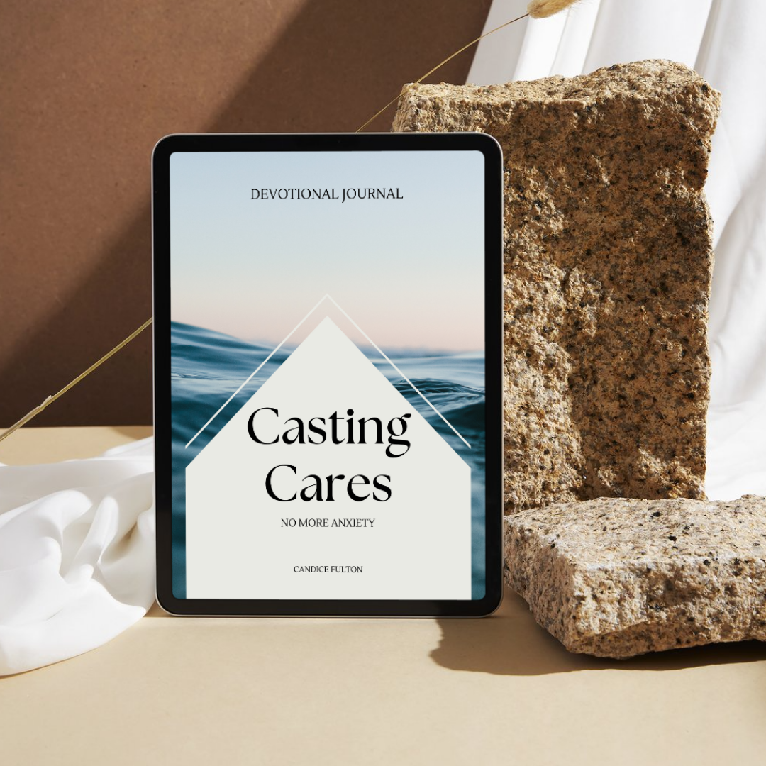 Tablet displaying "Casting Cares" devotional journal with Casting Cares Devotional.