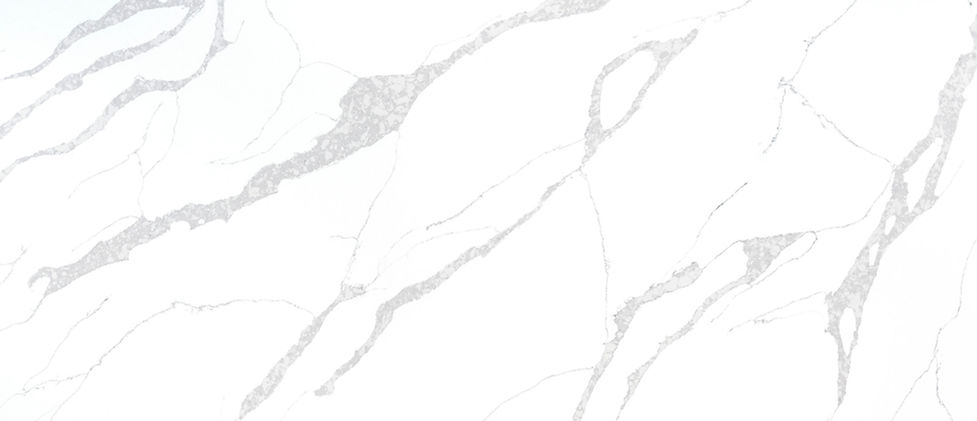Calacatta Leon quartz slab with dramatic, expressive gray veining on warm white background