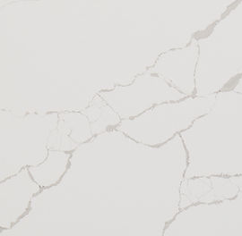 Close-up of New Calacatta Laza quartz showing refined brown and gray veining