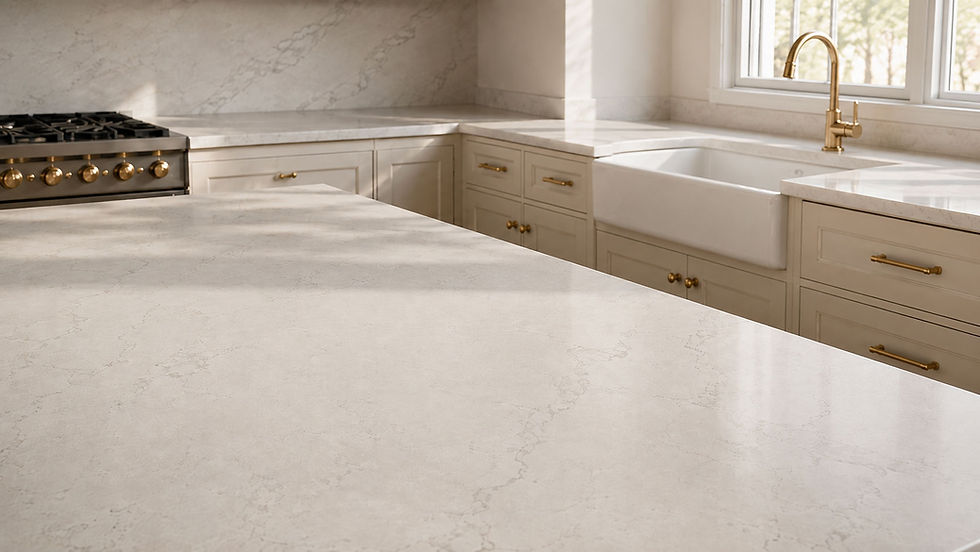 Soft white quartz countertop with delicate misty veining in a warm classic kitchen