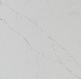 Close-up of Calacatta Alto quartz showing dramatic gray veining detail