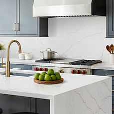 Calacatta Miraggio SeaGlass quartz countertop in coastal kitchen interior