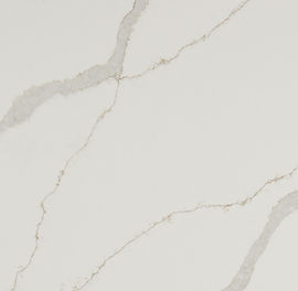 Close-up of Calacatta Idillio quartz showing painterly gray and beige veining