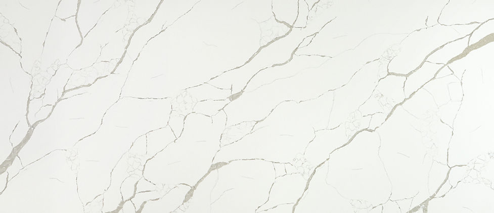 Calacatta Laza quartz slab with bold soft brown veining on warm milky white background