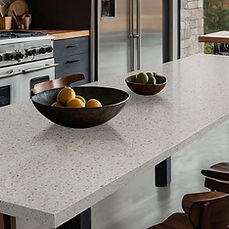 Peppercorn White quartz countertop in transitional kitchen interior