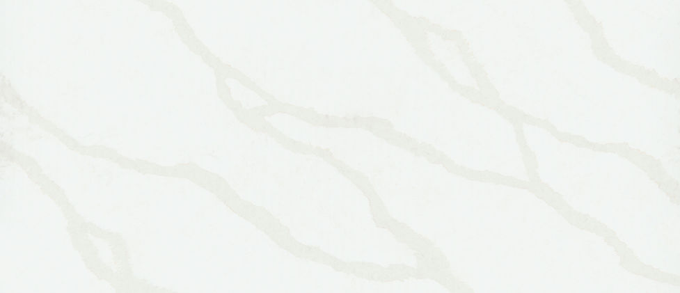 Calacatta Belaros quartz slab with soft, gestural veining in muted gray and beige