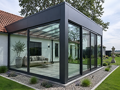 Woonveranda Reynaers Aluminium lessenaarsdak omkleed met aluminium plaatwerk