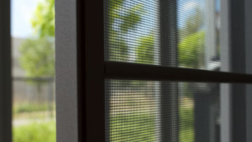 Raam met vliegenramen, close-up view met focus op de details binnen.