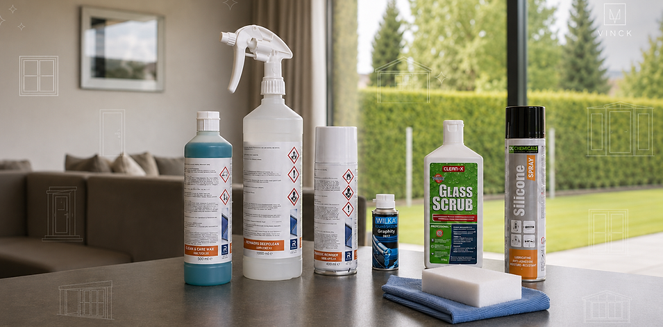 Onderdelen voor het herstellen van vliegenramen en horren, met vliegengaas, rubberen pees, peesroller, bevestigingsclips en verschillende vliegenraamwieltjes.