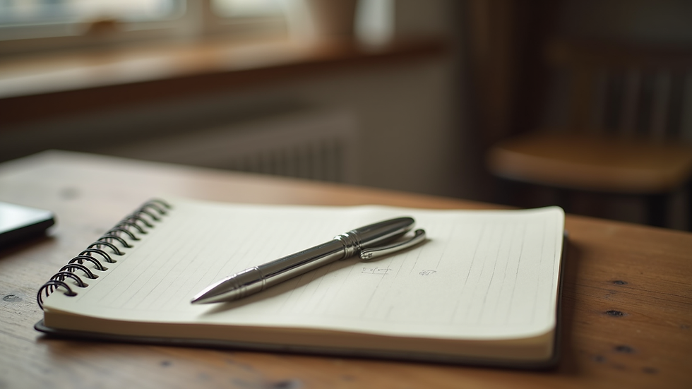 Close-up view of a journal and pen on a wooden table, symbolizing reflection and healing