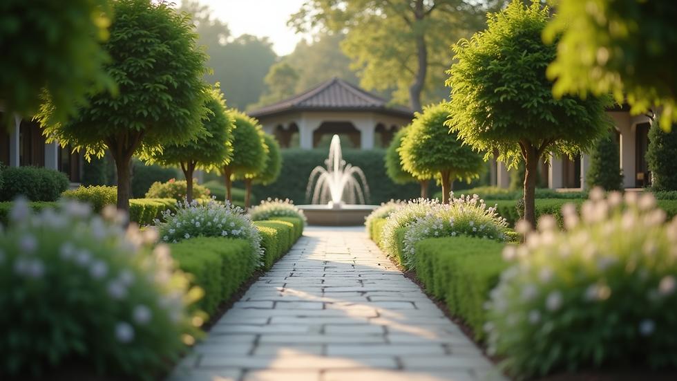 Eye-level view of a peaceful garden with a small water fountain
