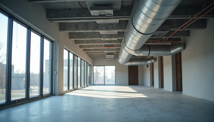 Eye-level view of a construction site showing HVAC ductwork installation