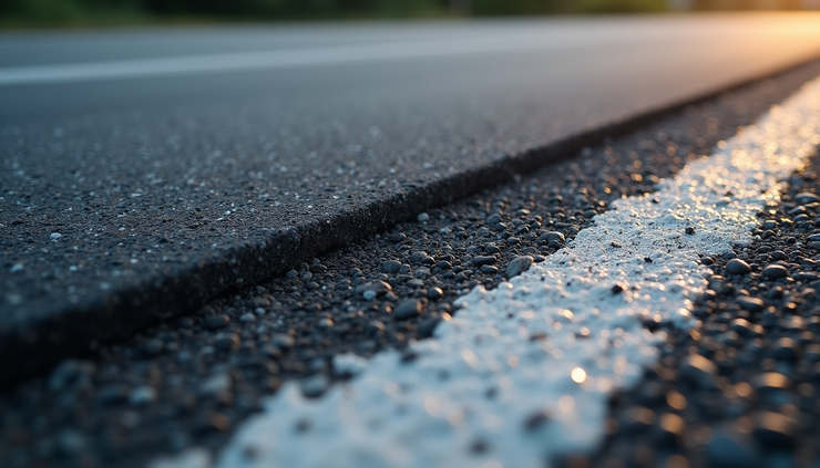 Close-up view of road pavement layers with visible asphalt and base course