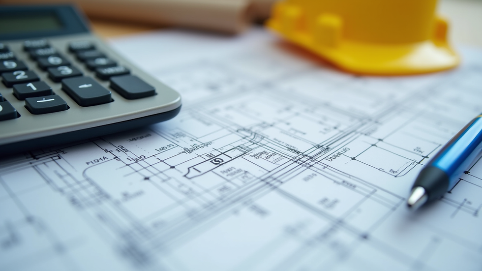 Close-up view of a construction site blueprint with a calculator and pen