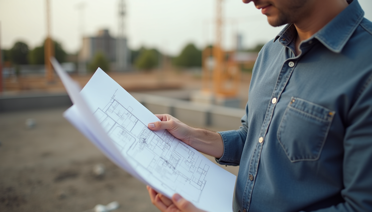 Close-up view of a project manager reviewing construction blueprints on site