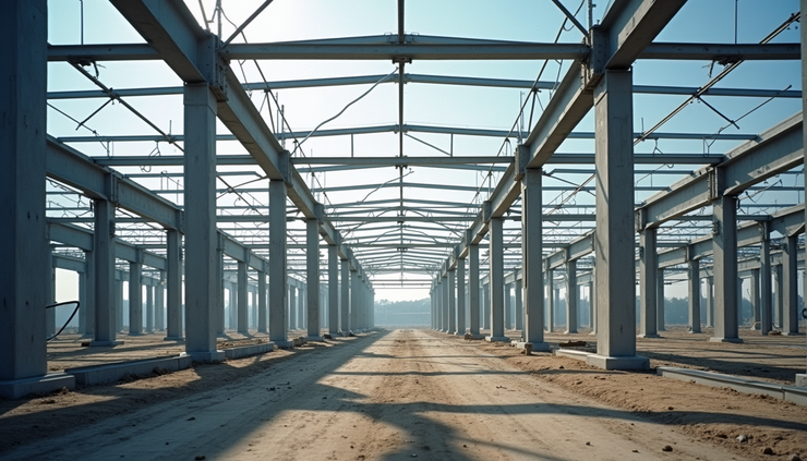 Eye-level view of steel frame structure under construction