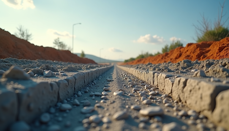 Eye-level view of a highway under construction showing layers of pavement and earthwork