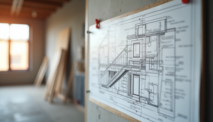 Eye-level view of a detailed shop drawing pinned on a construction site board