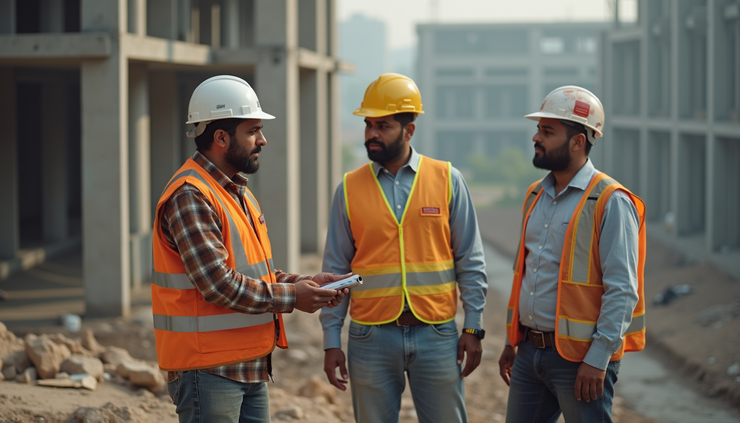 High angle view of a billing engineer verifying construction site measurements with a supervisor