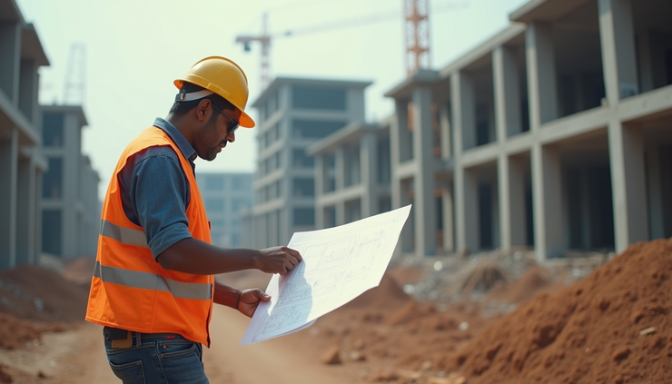 Eye-level view of a construction site with a quantity surveyor reviewing blueprints