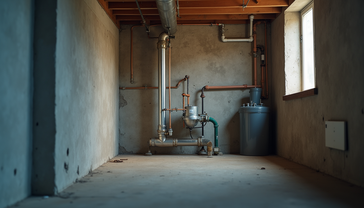 Eye-level view of a building’s plumbing pipes and fixtures installed in a residential basement