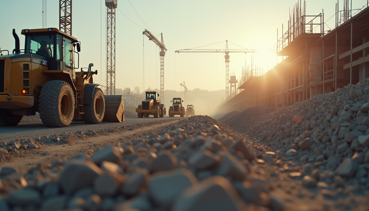 Eye-level view of a construction site with workers and machinery in action
