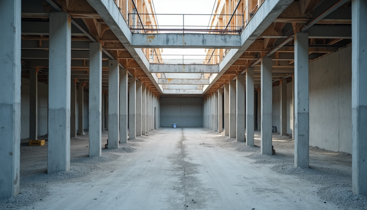 Eye-level view of a partially constructed building site showing exposed steel framework and unfinished concrete walls