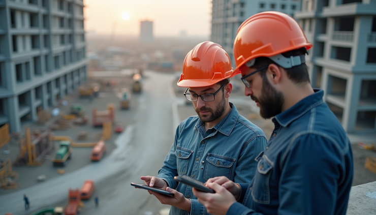 High angle view of construction workers analyzing project data on a digital tablet at a high-rise site