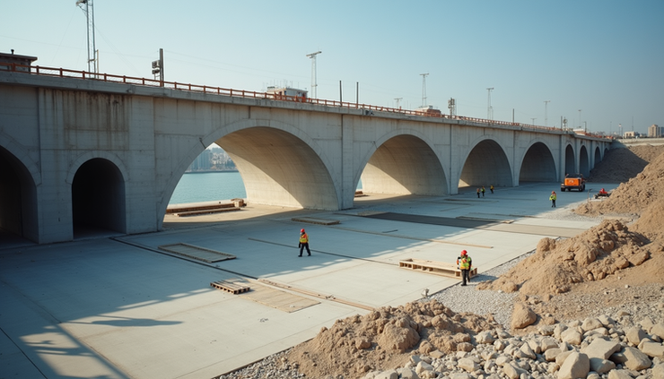 Eye-level view of a reinforced concrete bridge under construction with visible piers and deck slabs