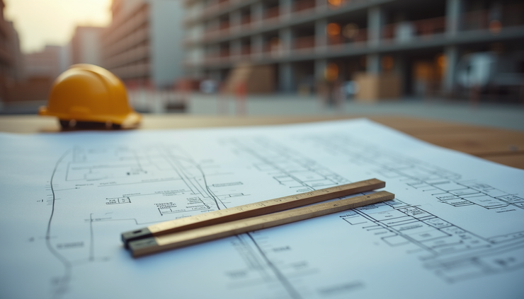 Eye-level view of a construction site with detailed blueprints and measurement tools
