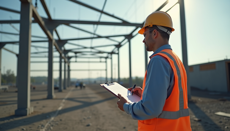 Eye-level view of a field engineer inspecting construction site with structural framework in background
