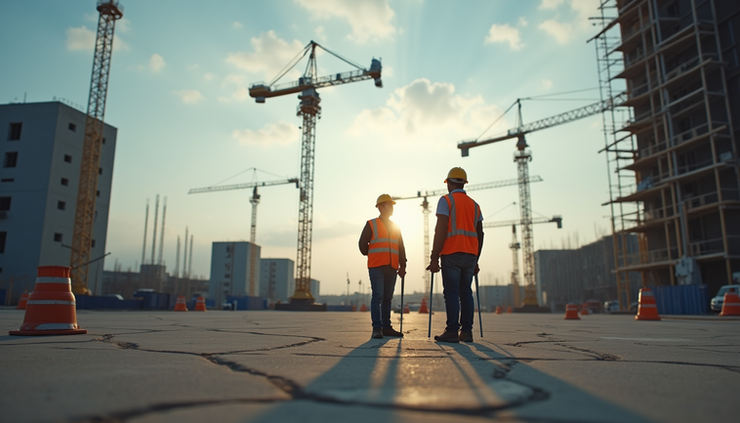 Eye-level view of construction workers coordinating on site with cranes and scaffolding in the background