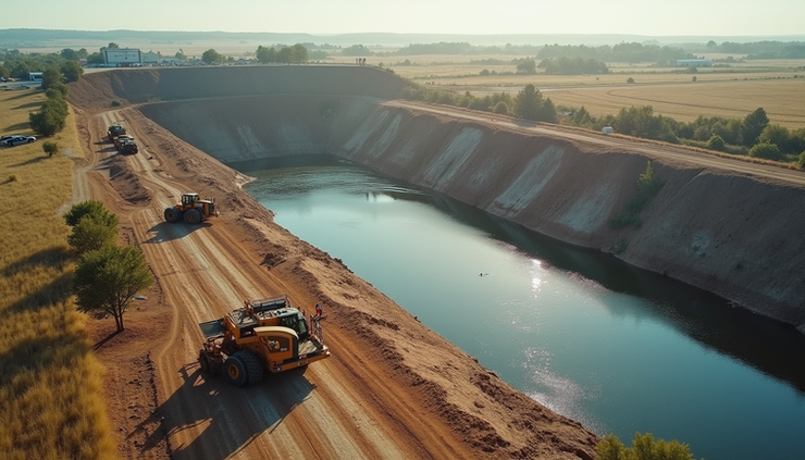 High angle view of irrigation dam construction site with heavy machinery