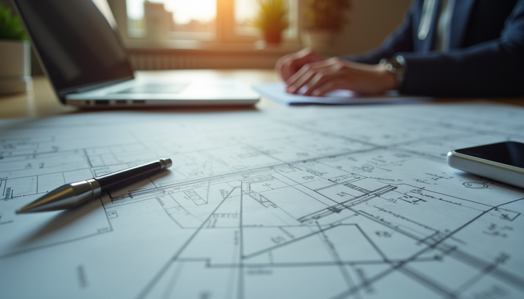 Eye-level view of a civil engineer's desk with blueprints and a laptop
