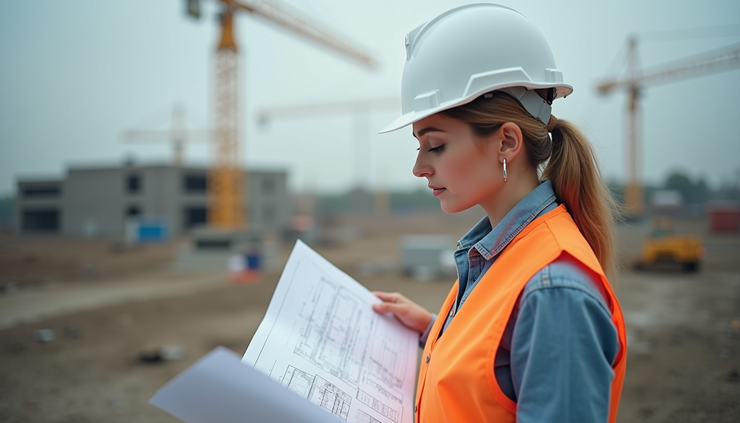 Eye-level view of a female civil engineer reviewing construction plans on site
