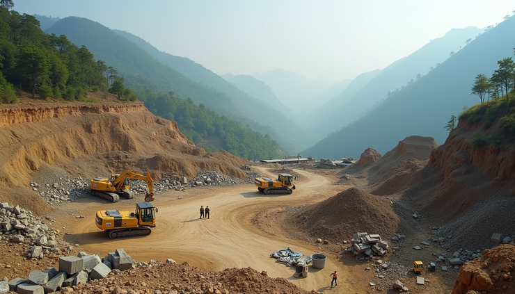 Eye-level view of a construction site in a hilly region of Northeast India showing workers and building materials