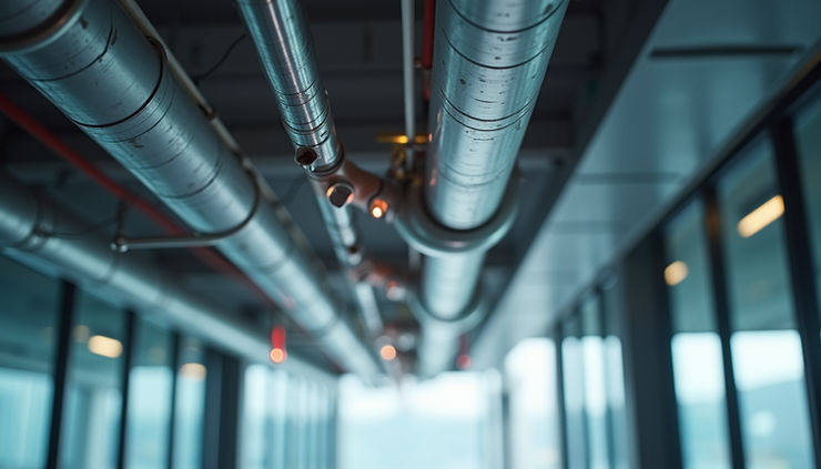 Eye-level view of a building’s fire sprinkler system installed on the ceiling
