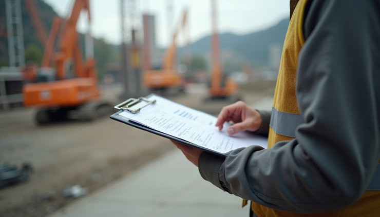 Eye-level view of a construction site with a planning engineer reviewing project schedules