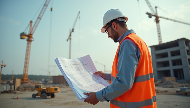Eye-level view of a construction site with a site engineer reviewing blueprints