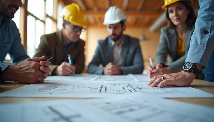 Eye-level view of a construction site meeting with blueprints and plans on the table